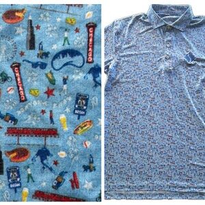 Johnnie O Chi-Town Chicago Polo Shirt Men Medium All Over Print Bean Hotdog NWOT